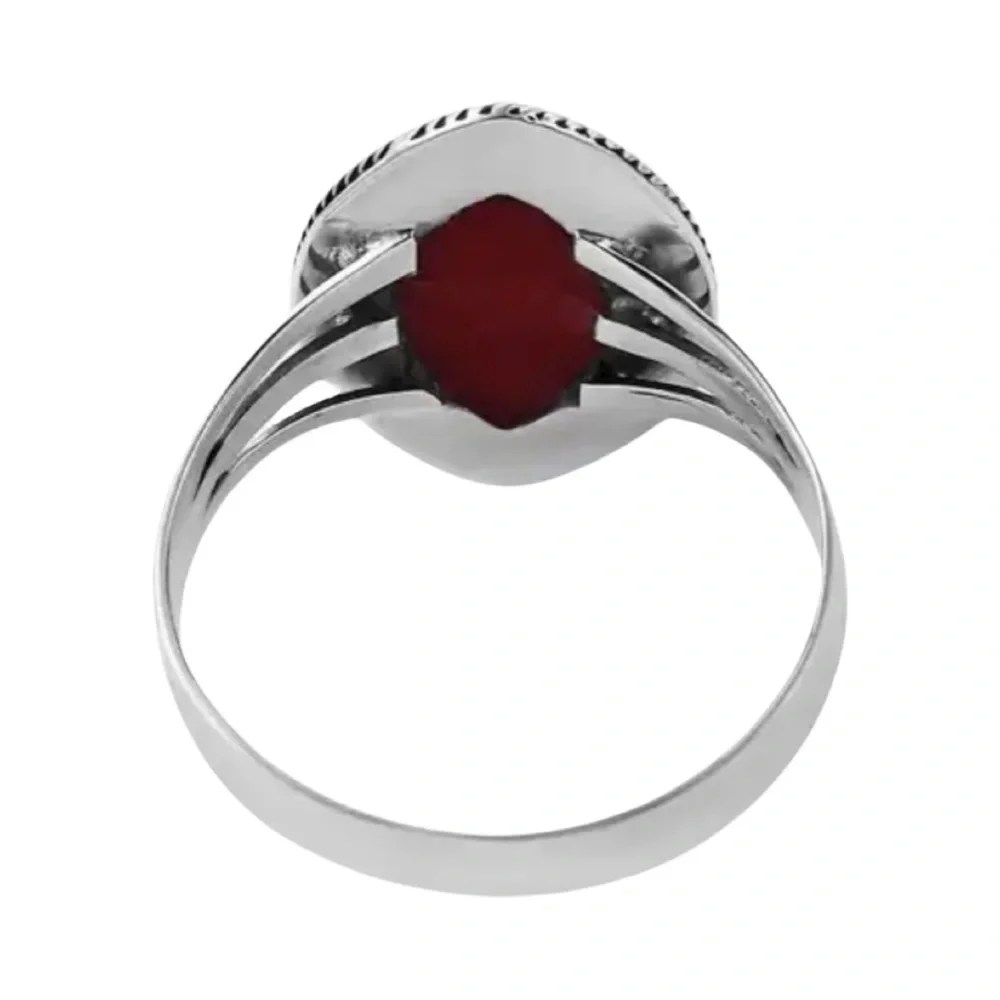 Coral Sponge Dark Red Marquee Shaped Sterling Silver Ring